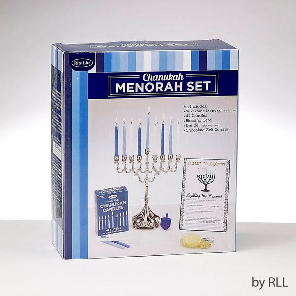 Set Of Silvertone Menorah, Candles, Gelt, Dreidel