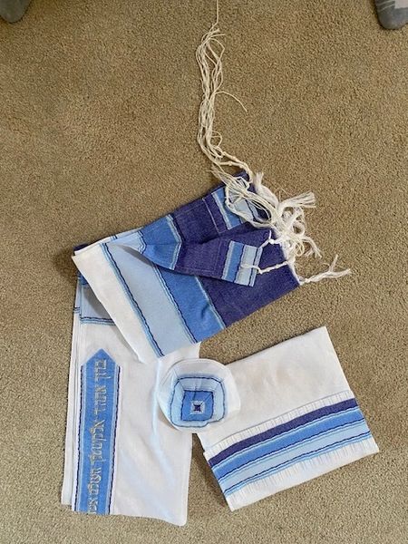 NOAM - SILK TALLIT - 3 BLUES AND SILVER ON WHITE BY GABRIELI
