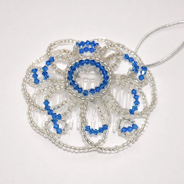 Handmade Ladies Kippah - Double Flower Glass With Swarovski Details Blue crystals