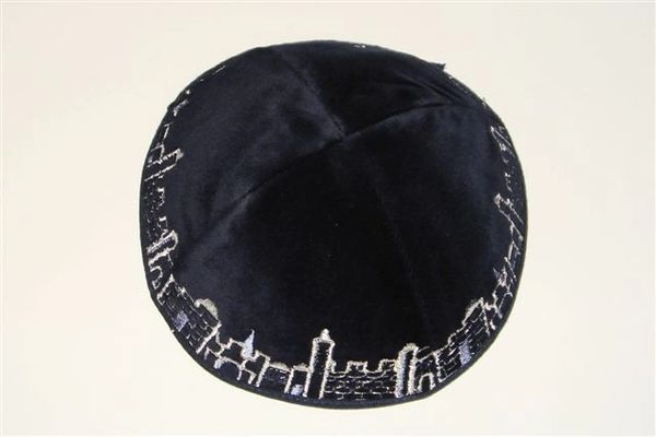 Kippah Velvet Navy W/Gold Jerusalem Border Design,Other Colors Available - Made In Israel