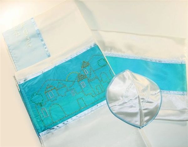 Talit Set Painted Jerusalem Teal 18 Inches X 72 Inches (Talit/Bag & Kippah) Made In Israel