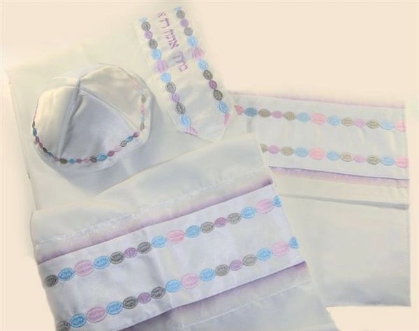 Talit Set Viscose Circles Pastel Colors 18 Inches X 72 Inches , (Talit/Bag & Kippah) Made In Israel