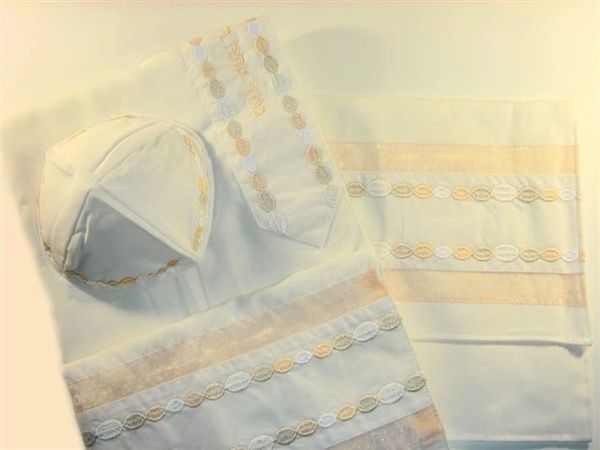 Talit Set Viscose Circles Cream/Gold Colors 18 Inches X 72 Inches , (Talit/Bag & Kippah) Made In Israel