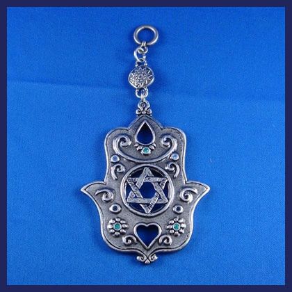 Wall Hanging Pewter Chamsah With Star Of David Design W/Blue And Green Stones 6 Inches Long X 3 Inches Widest Part, Made In Israel