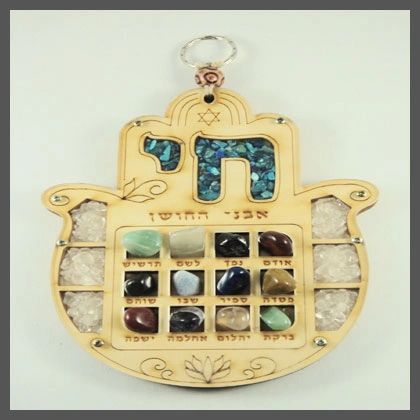 Wall Hanging Chamsah Wood With Stones, 12 Tribes, Made In Israel 7 Inches X 5.25 Inches