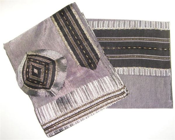 Talit Set Silk Gray/Black/Gold - Size:20 Inches X 72 Inches - Hand Made By Gabrieli - Made In Israel