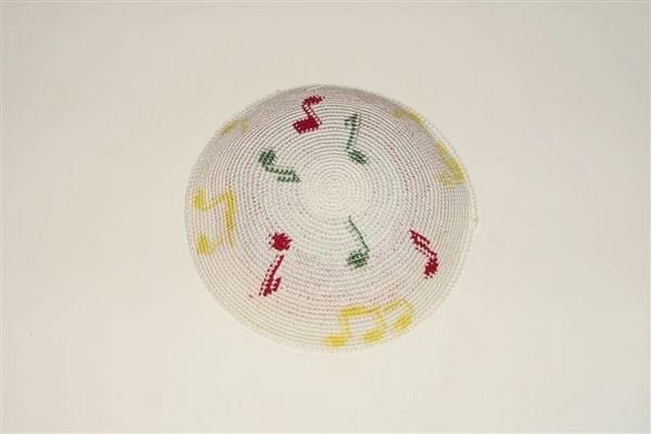 Kippah Crochet Tight Stitch White With Musical Notes, Size: 5 1/4" Diameter -Made In Israel
