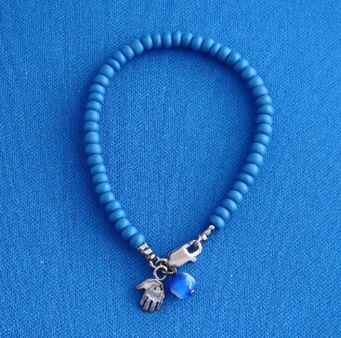 Beaded Blue Bracelet W/Sterling Silver Chamsah/Eye Bead