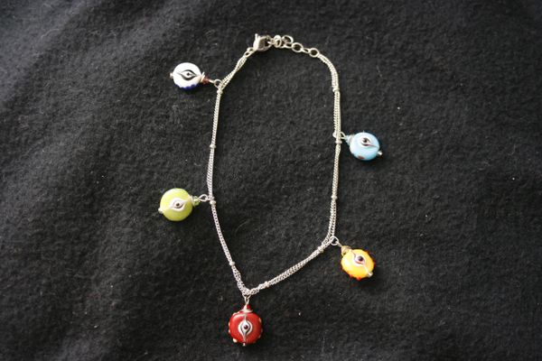 Sterling Silver Anklet With Colored Eyes Beads W/Adjustable Clasp 10 In Length Open - Closed From 4.5 In To 5.5 In Diameter