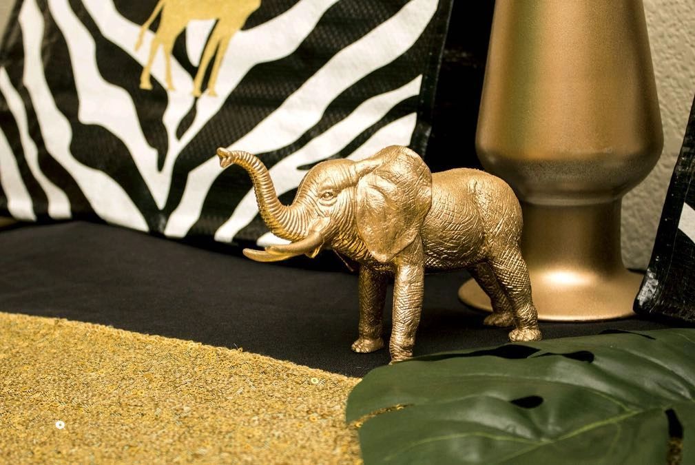 Safari Birthday Party; Gold Elephant; Gold Vase; Tote Bag; Glitter Table Runner; Zebra; Palm Leaf