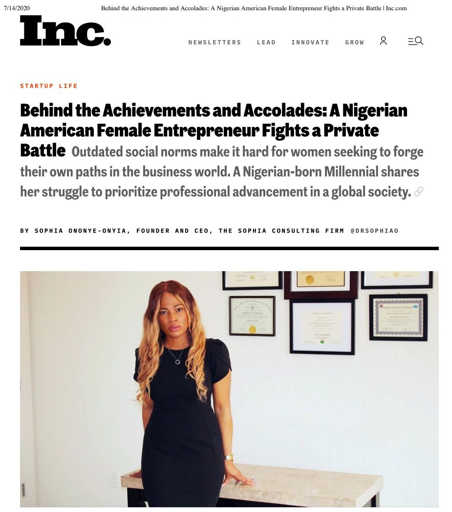 In July 2020, Dr. Ononye-Onyia  published her story as a Nigerian-American STEM Entrepreneur in Inc.