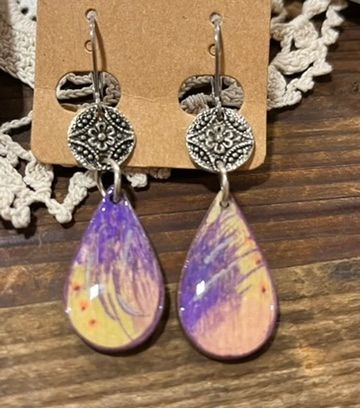 Purple Feathers Painted Wooden Earrings