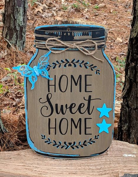 Hand Crafted Country Wood Aqua Home Sweet Home Mason Jar Home Decor