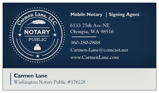 Carmen Lane LLC Mobile Notary Signing Agent business card. Call 360-280-0888