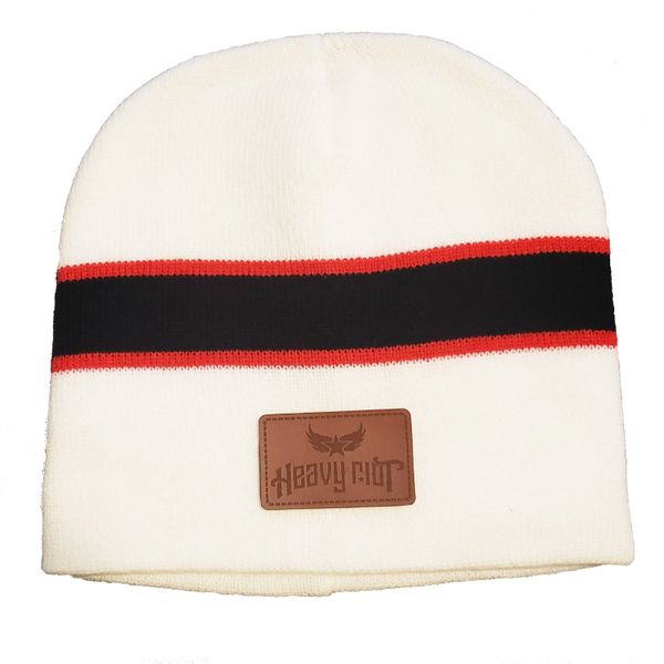 White beanie with red and black stripe