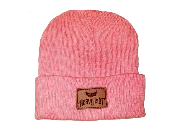 Pink beanie with leather patch