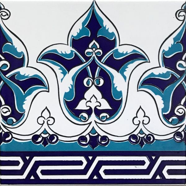 Blue Turkish 8"x8" Iznik Floral Pattern Border Ceramic Tile