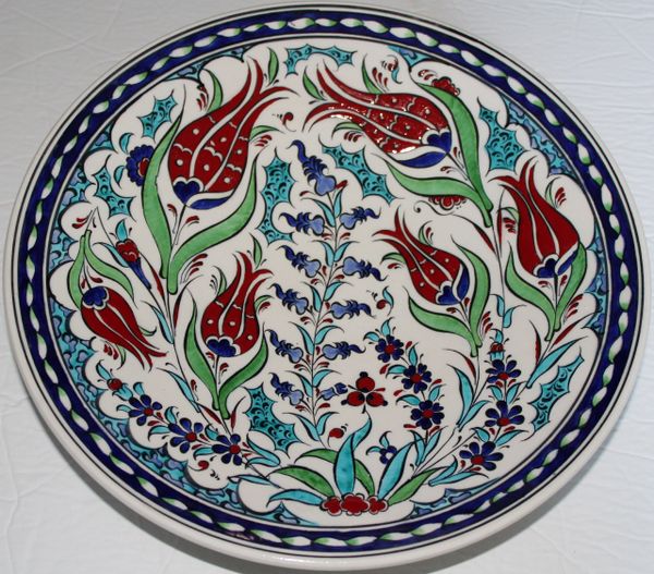 12" Handmade Turkish Iznik Red Tulip & Floral Pattern Ceramic Plate
