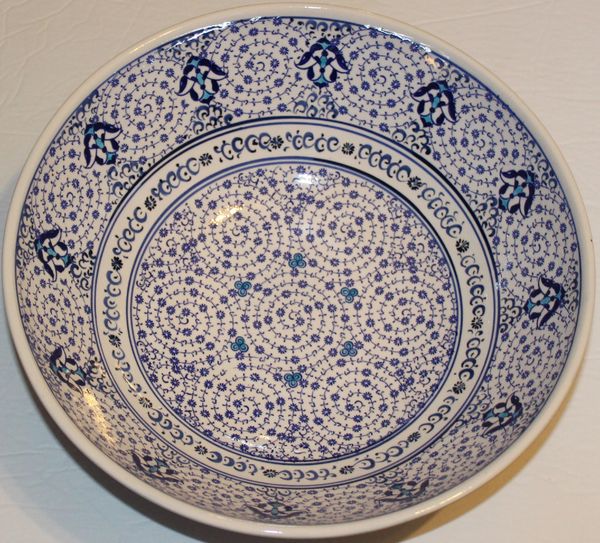 Handmade 12"x4" Turkish Blue & White Iznik Floral Pattern Ceramic Bowl