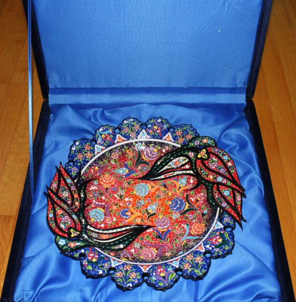 16" (40cm) Handmade Turkish Iznik Pattern Ceramic Plate in Velvet Box