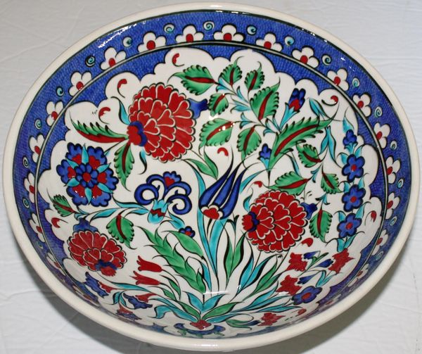 10"x3 2/3" Handmade Turkish Iznik Tulip & Carnation Pattern Ceramic Bowl