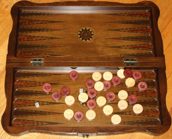19" Hand-carved Mother of Pearl Inlaid Stained Wood Backgammon & Checkers Set