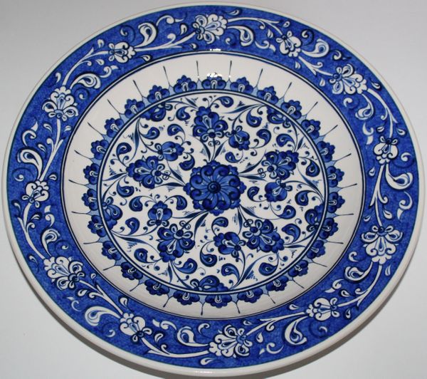 12" Blue & White Turkish Hand-painted Iznik Floral Pattern Ceramic Plate