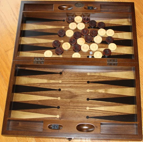 20" Handmade Wood & Mother of Pearl Inlaid Stained Wood Backgammon & Checkers Set