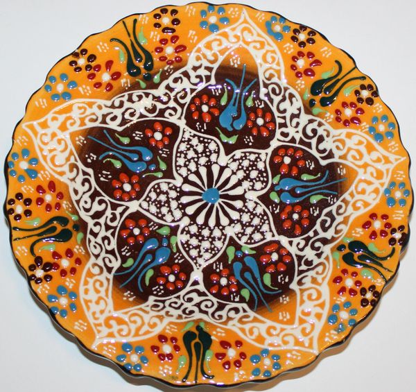 7" (18cm) Turkish Mustard & Brown Iznik Floral Pattern Ceramic Cini Plate