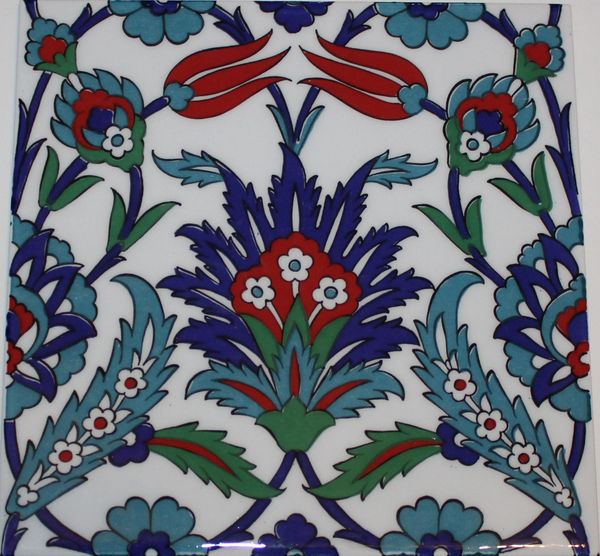 Turkish 8"x8" Iznik Carnation & Tulip Pattern Ceramic Tile