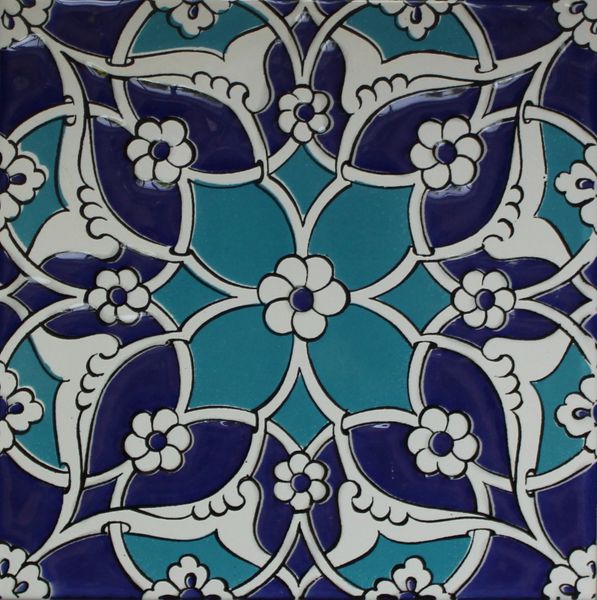 16"x16" Ottoman Iznik Raised Blue & White Carnation Pattern Turkish Ceramic Tile 
