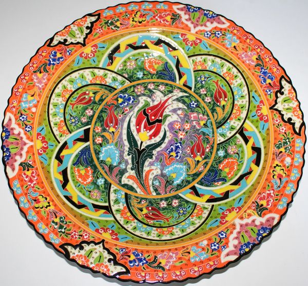 16" (40cm) Handmade Turkish Iznik Raised Floral Pattern Ceramic Plate
