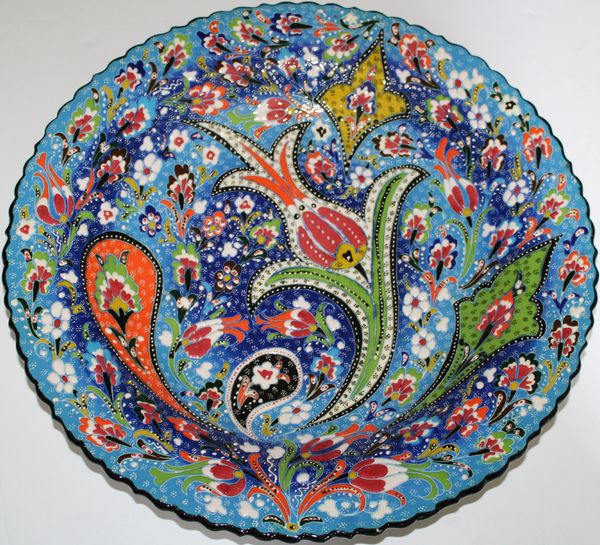 16" (40cm) Handmade Turkish Iznik Raised Tulip & Floral Pattern Ceramic Plate