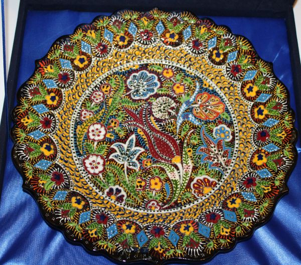 Handmade 12" Turkish High Detail Iznik Raised Floral Pattern China Plate In Box