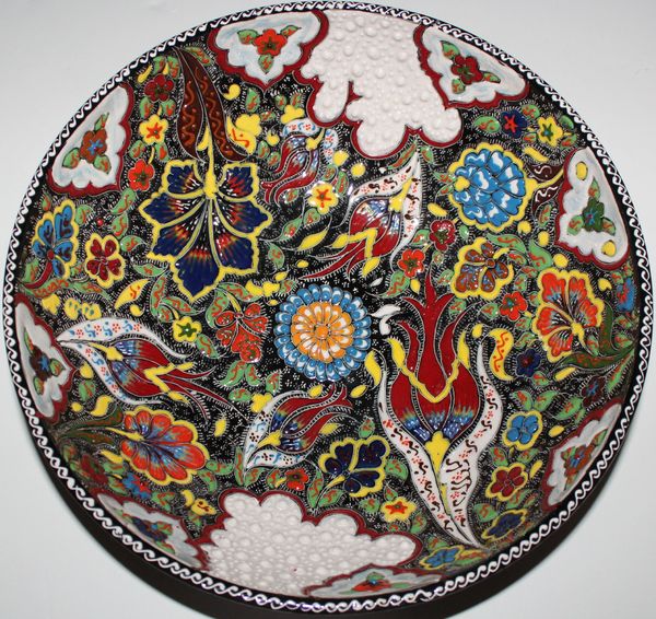 12"x4" Turkish Handmade Iznik Raised Detailed Floral Pattern China Bowl
