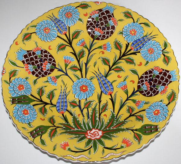 16" (40cm) Handmade Turkish Iznik Mustard Floral Pattern Ceramic Plate