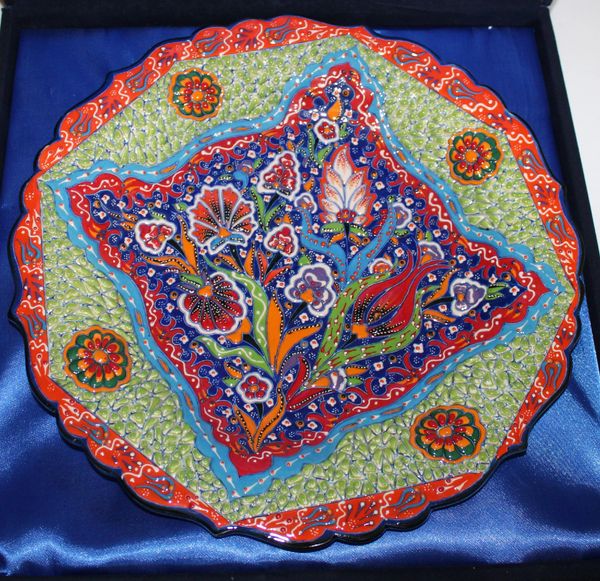 Handmade 12" Turkish High Detail Iznik Raised Floral Pattern China Plate In Box