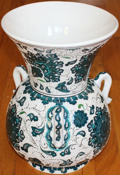 12"x9" Handmade Turkish Iznik Raised Green Carnation & Floral Ceramic Vase