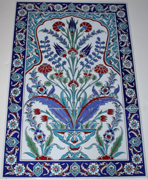 16"x24" Turkish Hand-painted Iznik Floral & Vase Pattern Ceramic Tile Mural Panel