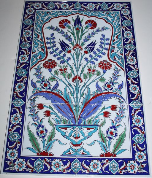 Blue & Mustard Turkish Iznik Raised Floral Pattern 8"x16" Ceramic Tile Set Mural 