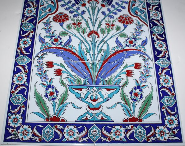 Raised Iznik Blue Floral Pattern 32"x56" Turkish Ceramic Tile MURAL PANEL 