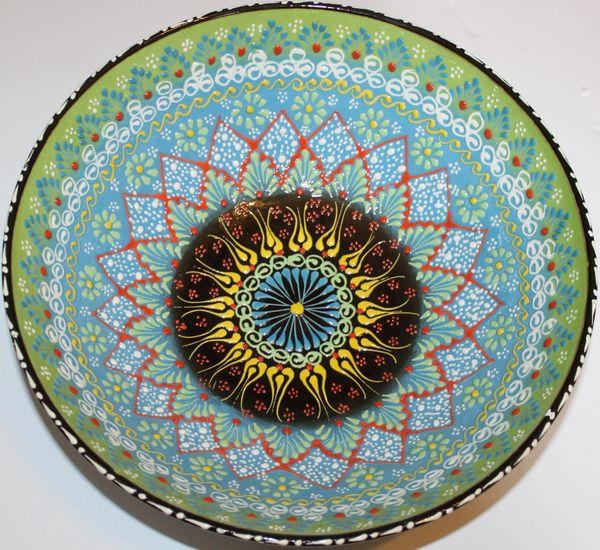 12"x4" Handmade Turkish Iznik Raised Floral Pattern Ceramic Bowl