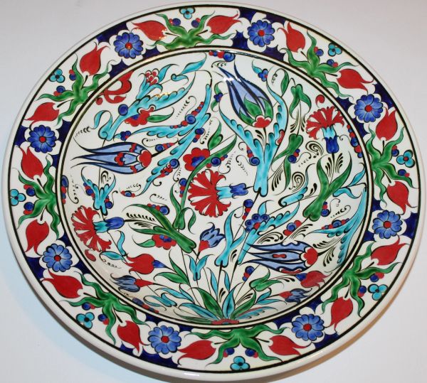 12" Turkish Handmade Iznik Red Tulip & Floral Pattern Ceramic Plate