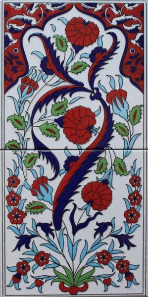 8"x16" Turkish Hand-painted Iznik Carnation & Floral Pattern Ceramic Tile Set