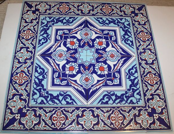24"x24" Cobalt Blue Turkish Iznik Floral Pattern Ceramic Tile Mural Panel