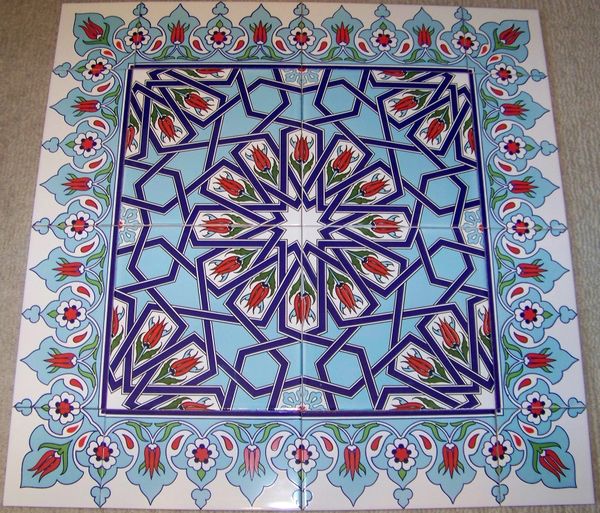 24"x24" Turkish Iznik Tulip & Floral Pattern Ceramic Tile Mural Panel