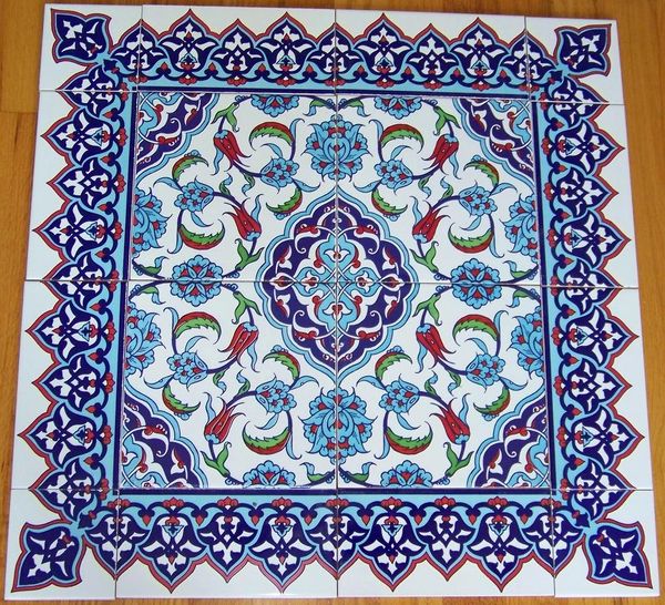 24"x24" Turkish Iznik Floral Pattern Ceramic Tile Mural Panel