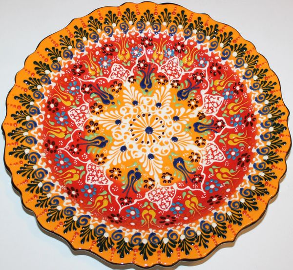 12" (30cm) Red & Mustard Handmade Turkish Iznik Floral Pattern Ceramic Plate