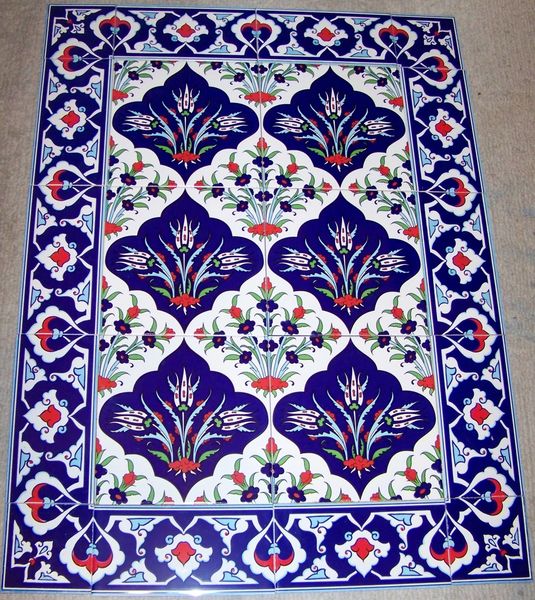 24"x32" Turkish Iznik Tulip & Floral Pattern Ceramic Tile Mural Panel