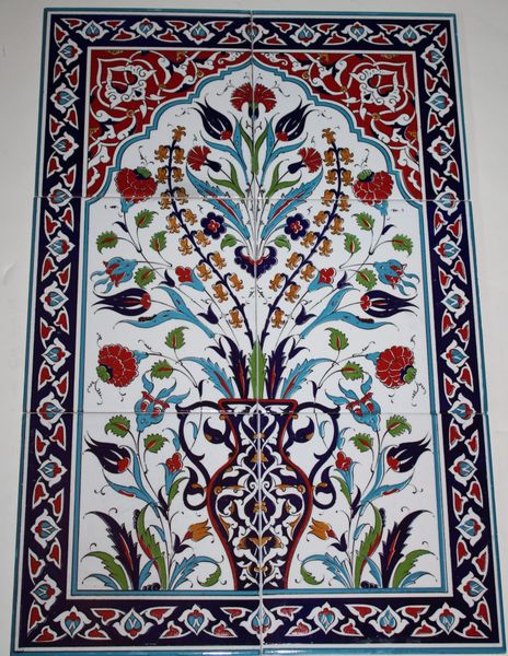 16"x24" Turkish Hand-painted Iznik Carnation & Vase Pattern Ceramic Tile Mural Panel